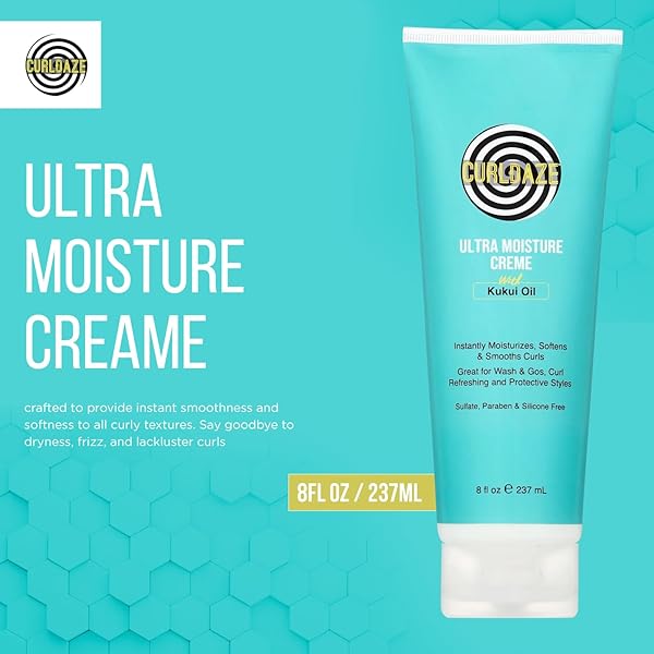 CURLDAZE ULTRA MOISTURE CREME WITH KUKUI OIL, VITAMINS A, C, AND E, INTENSELY MOISTURIZES, SMOOTHS, SOFTENS, PROTECTS, REPAIRS, RENEWS DRY OR DAMAGED CURLS