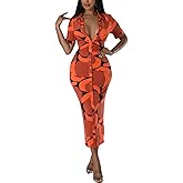 PuiLean Women's Short Sleeve Button Down Shirt Dress Casual Print Collar V Neck Midi Dresses