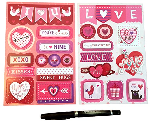 Valentine's Day Card Making Kit - Red Scalloped Edge Cards with Kraft Envelopes, 2 Sets of 3d Stickers and Black Pen (49 pc Bundle)