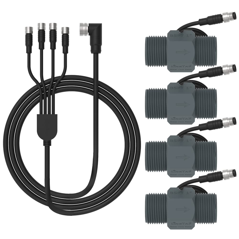 LinkTap 1" BSPT Flow Meter x 4 & 1.5m 4-in-1 Connection Cable, Used 4-Zone Smart Sprinkler Controller ValveLinker, Compatible 2/5/10m Extension Cables