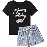 VENTELAN Pajama Set For Women Cute PJS Summer Short Sleeve Shorts Sleepwear