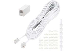 Uvital Phone Extension Cord 33Ft(10m), Telephone Cable with Standard RJ11 Plug and 1 in-Line Couplers and 20 Cable Clip Holders, White