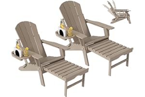 NAVINE Adjustable Adirondack Chair with Retractable Ottoman Set of 2, HDPE Folding Adirondack Chair with Cup Holder, All Weather Fire Pit Chair for Outdoor.