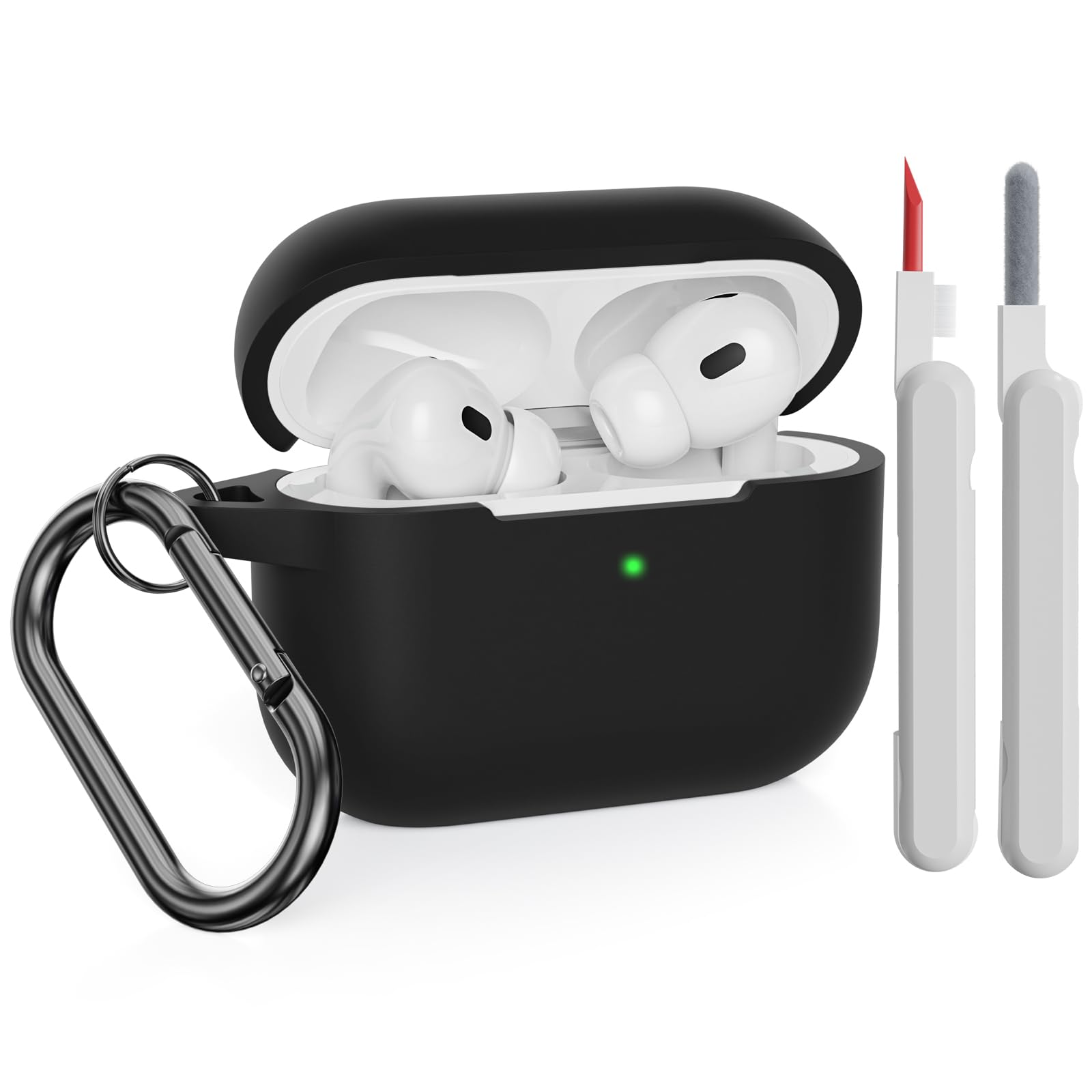 KOKOKA Case Cover Compatible with AirPods Pro 2 2022 & 2019 with Cleaner Kit, Soft Silicone Cover Shock Absorbing Protective Case for AirPods Pro 2nd & 1st Generation with Carabiner, Black