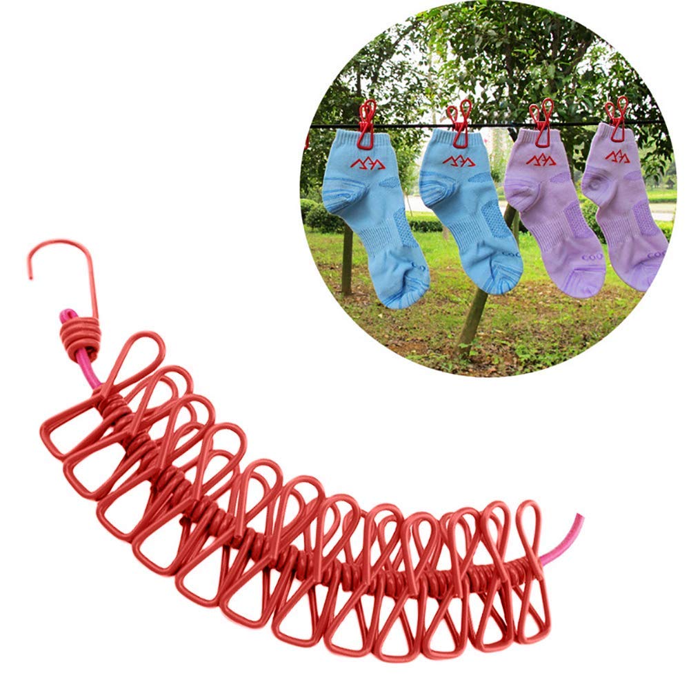 Portable Adjustable Elastic Travel Clothes Airer Clothes Line Airer with Clips 12pcs for Outdoor and Indoor Use (Red)