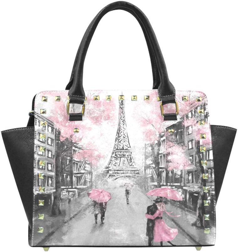 InterestPrint Modern Paris Eiffel Tower Women Rivet Leather Shoulder Handbags Top Handle Bags with Crossbody Strap