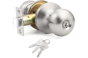 GOBEKOR 1 Pack Brushed Nickel Door Knob with Lock and Keys, Keyed Alike Reversible Entry Door Lock for Left or Right Hand Doors, Ideal for Front/Entrance Door