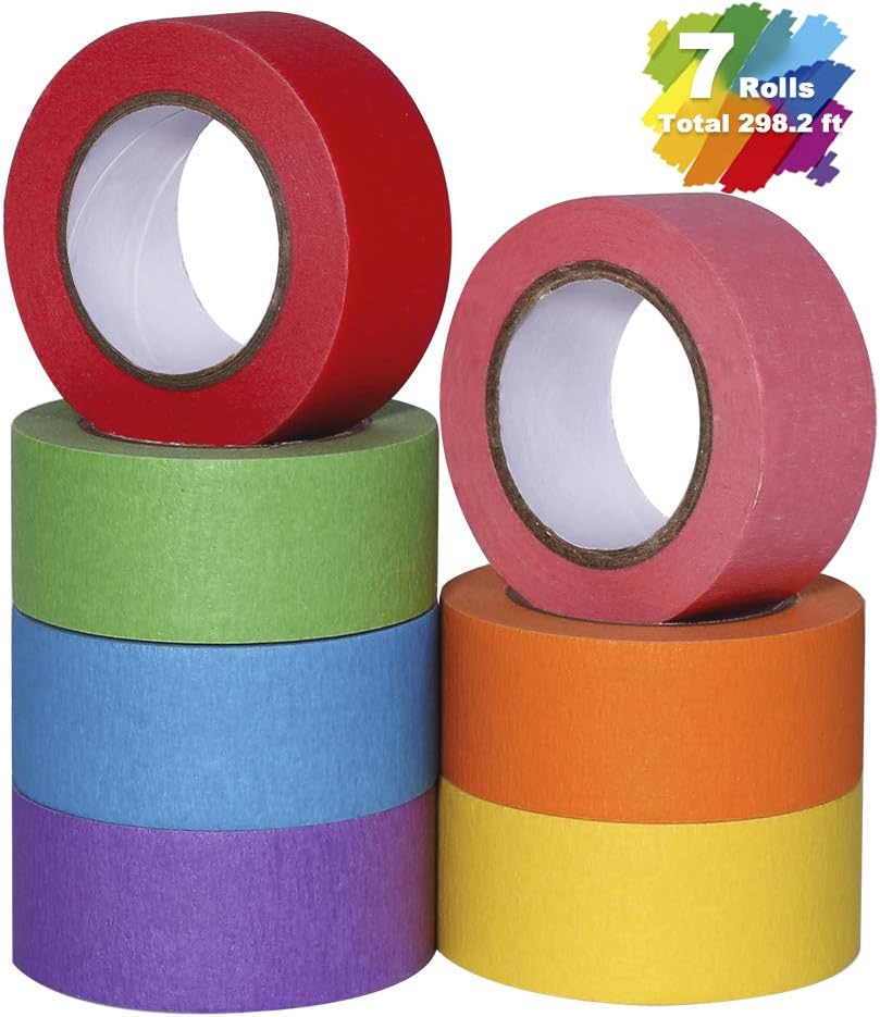 Colored Masking Tape, Arts Painters Tape with Rainbow Colors for Kids Craft Paper Tape Decorative Colorful Teacher Tape for DIY Labeling Coding School Projects 7 Rolls, 1 Inch x 42.6ft