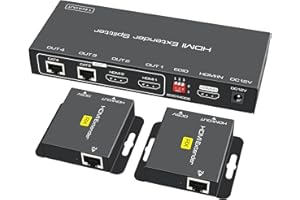 VPFET HDMI Extender Splitter 1 in 2 Out Over Cat5e/6 Ethernet Adapter Up to 165FT HD1080P@60Hz with 2 HDMI Loop Out Support EDID Copy Settings HDCP…