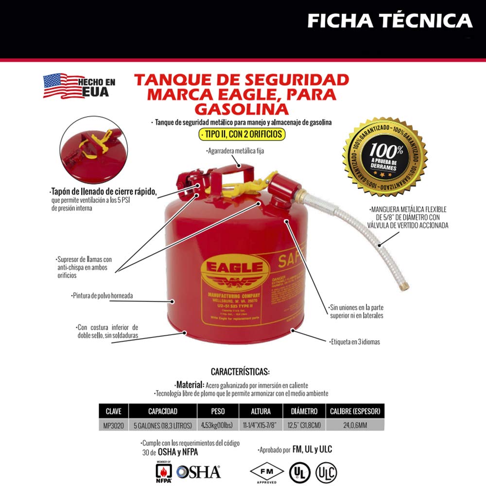 Eagle U2-51-SX5 Type II Metal Safety Can, Flammables, 11-1/4" Width x 15-7/8" Depth, 5 Gallon Capacity, 5/8" OD Pour Spout, Red: Gas Cans: Industrial & Scientific