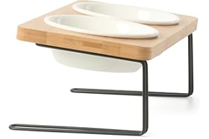 FUKUMARU Elevated Cat Ceramic Bowls, Small Dog 15° Tilted Raised Food Feeding Dishes, Solid Bamboo Water Stand Feeder Set for Cats and Puppy