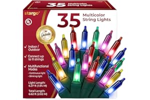 STARGO Warm Multi Color Christmas Lights - 6.3 ft String of 35 Incandescent Mini Bulbs Multifunctional Lighting Modes, for Decorative, Bedroom, Outdoor, Xmas Twinkle Tree Lights with Green Wire Total 6.6 ft