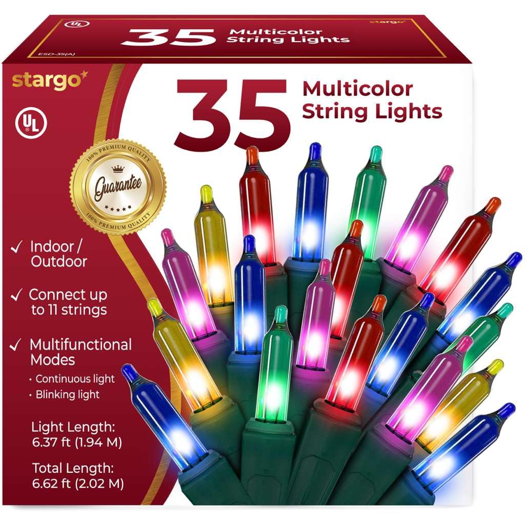 Photo 1 of **UNTESTED** Warm Multi Color Christmas Lights - 6.3 ft String of 35 Incandescent Mini Bulbs Multifunctional Lighting Modes, for Decorative, Bedroom, Outdoor, Xmas Twinkle Tree Lights with Green Wire Total 6.6 ft