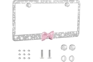 HEQXWL Enhance Your Ride with Bling License Plate Frames - Cute Girly Car Accessories for Women Featuring Diamond and Rhinestone Decor, Sparkly and Stylish - Great as Gifts(Pink+White Bow)