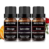 Rose, Lavender and Orange Essential Oil Set, 100% Pure 3Pcs Essential Oils Gift Set for Diffusers