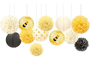 NICROLANDEE Bee Party Decorations, 12PCS Yellow Hanging Paper Lanterns Tissue Pom Poms Decor for Bee Day Party, Bee Themed Birthday Decorations, Yellow Flower Bumble Baby Shower