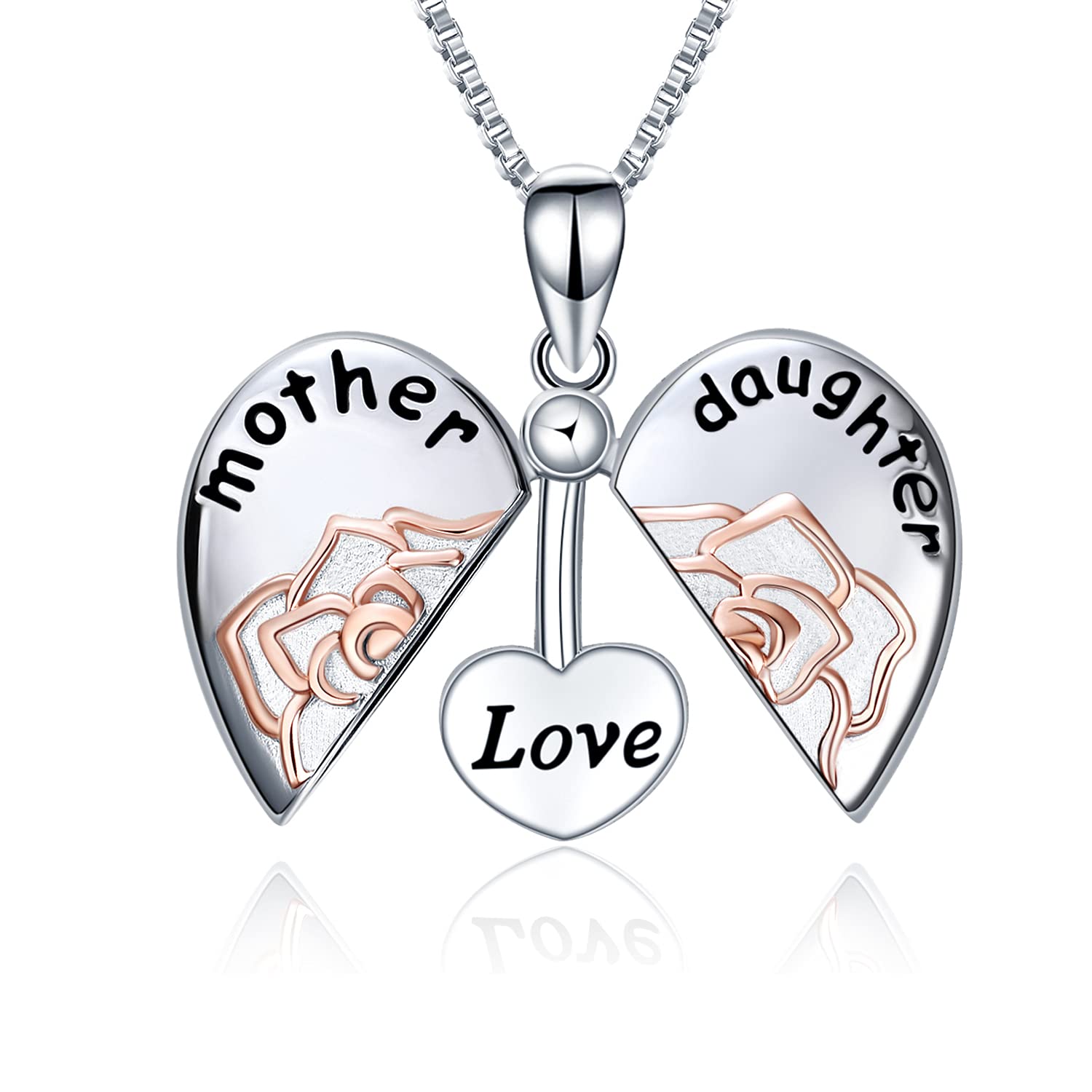 YAFEINI Sterling Silver Mother Love Daughter Locket Rose Flower Pendant Necklace for Women