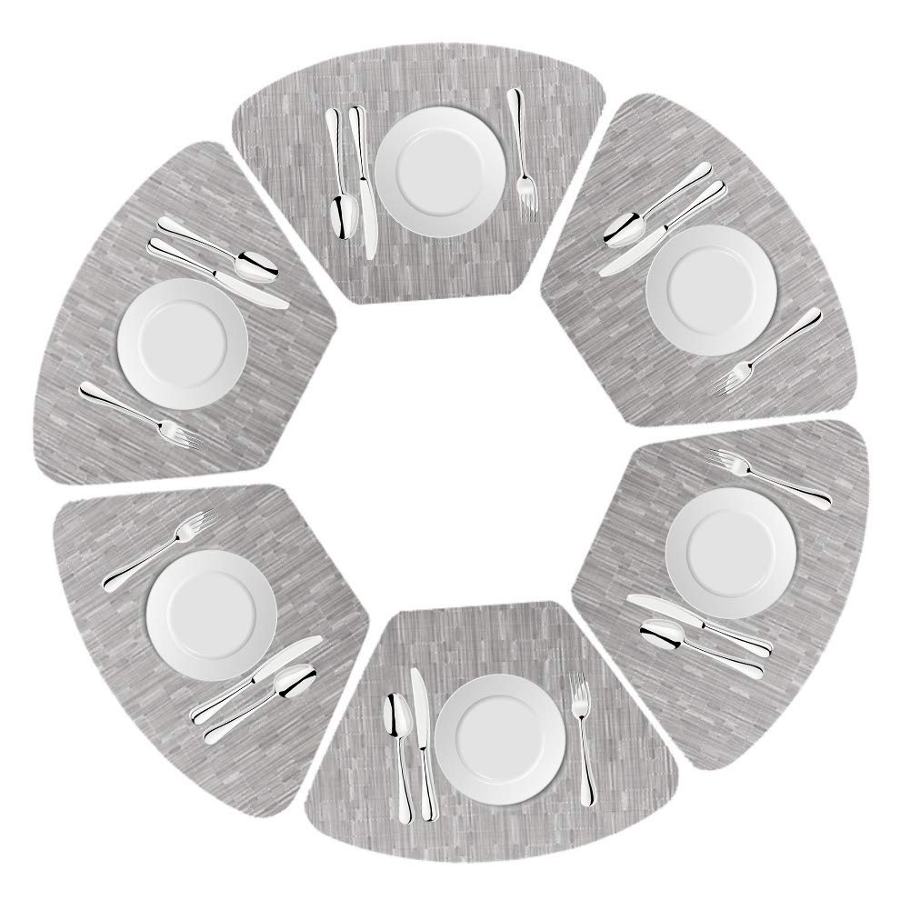 DRASAWEE Round Table Placemats Set of 6 Wedge Washable Table Mats, Heat Resistant (Silver Grey, Set of 6)