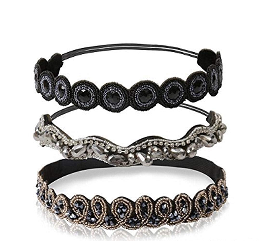 Women’s Headbands/Hairbands, Rhinestone Beaded Elastic Headband for Women Hair Accessories, Handmade vintage headbands Fits for Most, 3 Styles (classical)