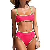 SOULSHE High-Waisted Bikini Set for Women Two Piece Adjustable Spaghetti Straps Bathing Suit Color Block Swimsuit Swimwear