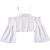 SHENHE Girl's Cold Shoulder Shirred Crop Tops Flounce Long Sleeve Frill Trim Blouses