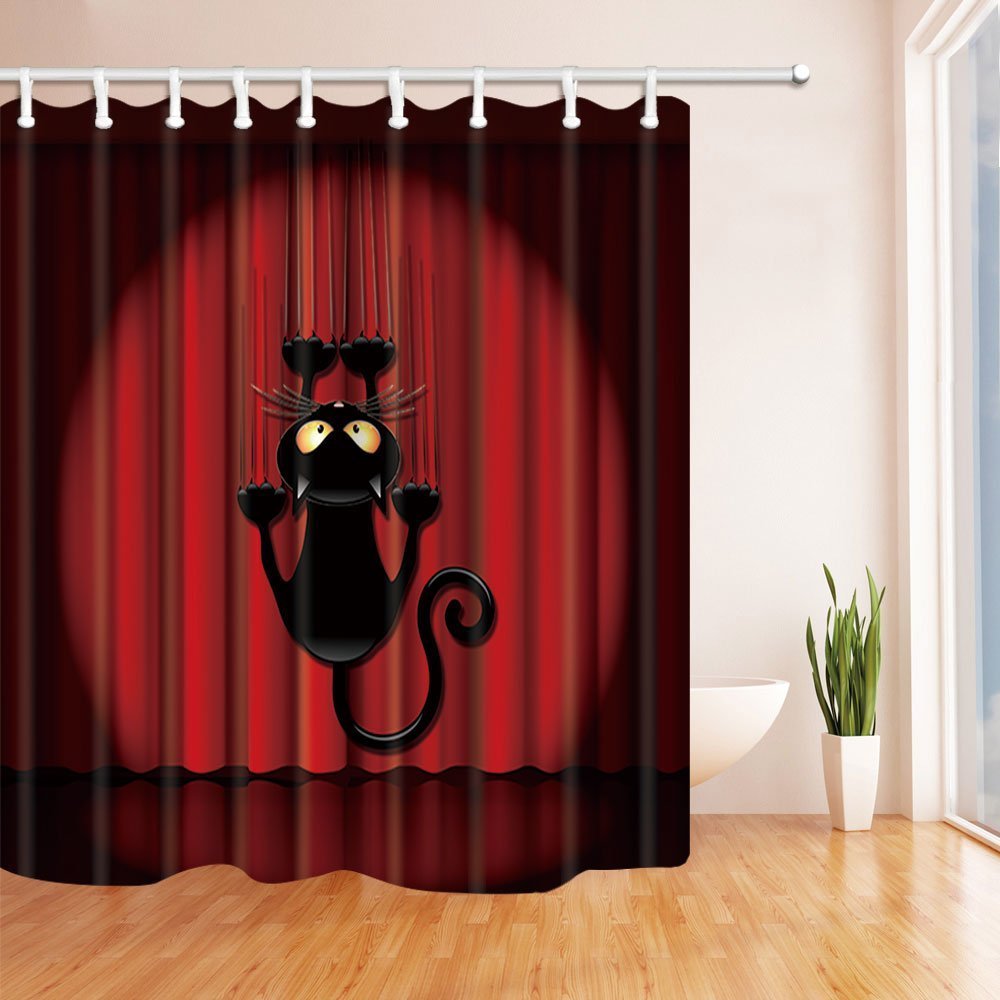 GoHEBE Cat Shower Curtains By Cartoon Cat Climb Up Against Red Carpet