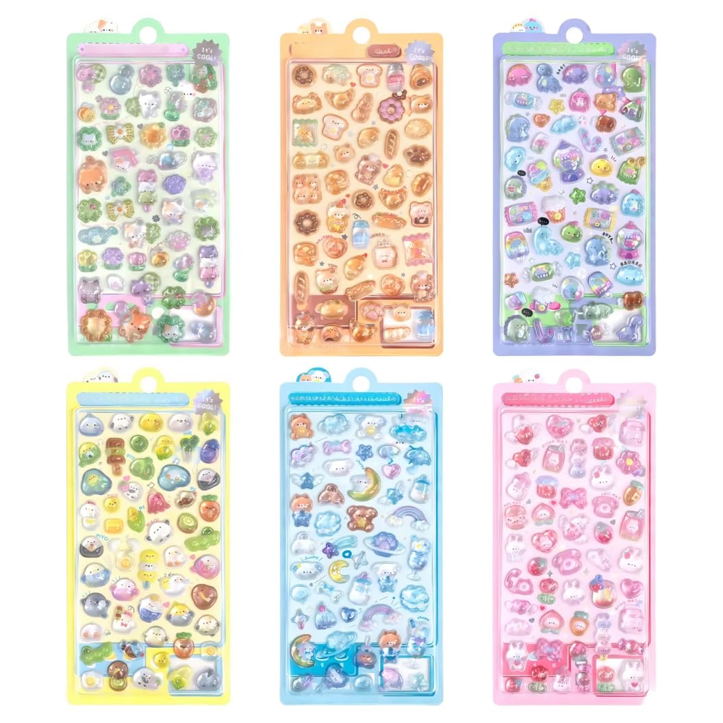 FotsvNogy ぷくぷくシール ぷっくり 立体シール 3Dシール ステッカー かわいい キラキラ おしゃれ 女の子 男の子 ごほうび 贈り物 DIY用 デコシール 手帳用 日記帳用 貼り付け可能 6枚セット