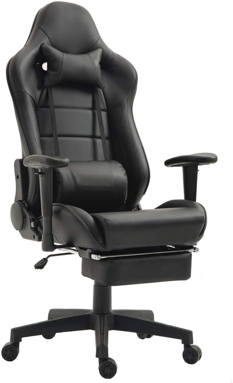 Ergonomic Gaming Chair Racing Office Chair Recliner Computer Chair Leather High-Back E-Sports Chair Height Adjustable Gaming Office Desk Chair with Massage Lumbar Support and Footrest (Black,footrest)