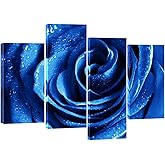 Wieco Art Blue Rose with Dew Canvas Wall Art Abstract Romantic Flower Pictures Paintings Wall Art for Living Room Bedroom Decorations Wall Decor Large 4 Panels Modern Canvas Prints Artwork