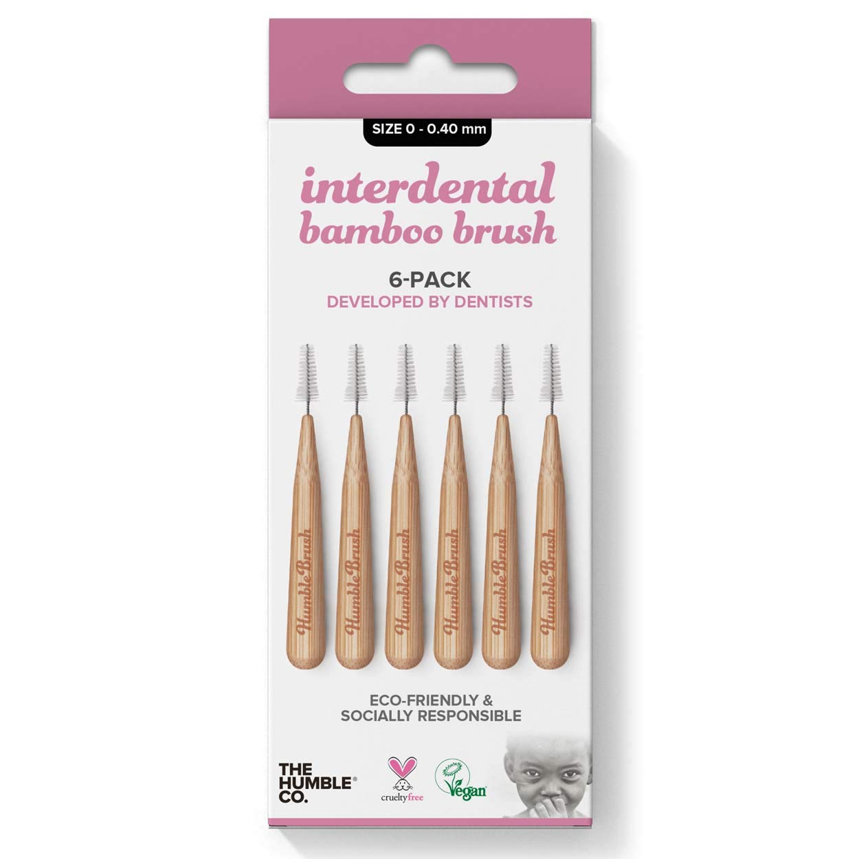 Humble Interdental Brush Bamboo Brushes - Size 0-0-0.40 mm - Pink - Pack of 4 (4 x 6 pcs.)