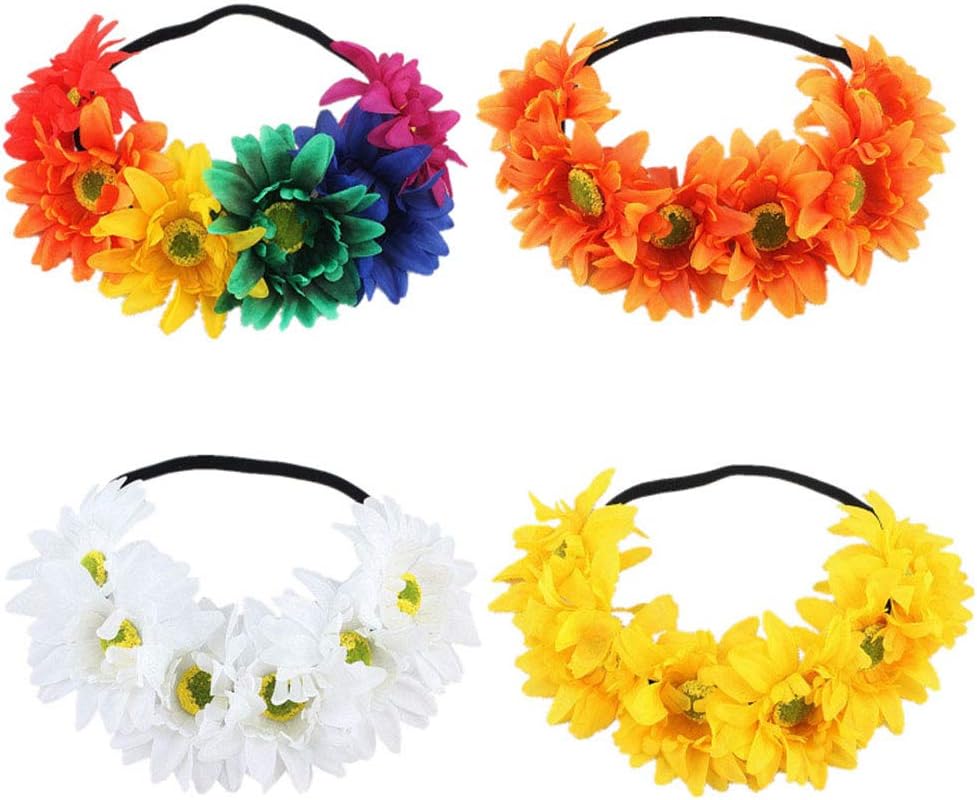 4 Pieces flower headband Colorful Artificial Sun Flower Headband Women's Boho Headband Flower Wedding Festival Garland Headpiece accessories for Female/Girl