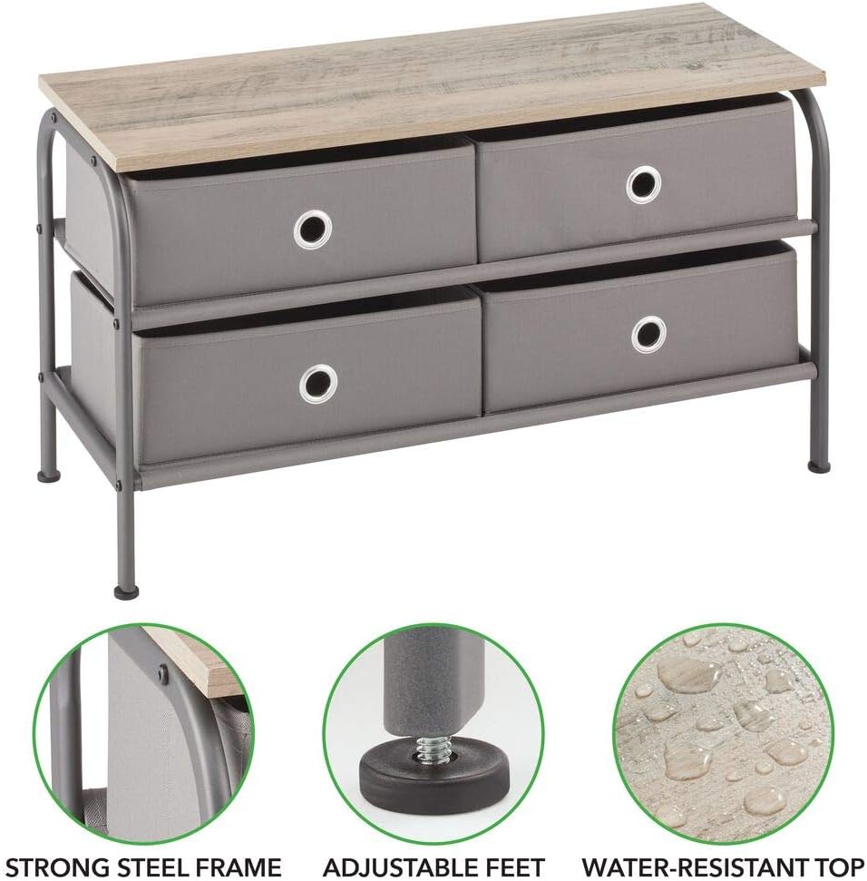 mDesign Storage Bench with 4 Drawers - Sturdy Steel Frame, Wood Top, Easy Pull Fabric Bins - Organizer Unit for Bedroom, Hallway, Entryway, Closets - Dark Gray/Gray: Home & Kitchen