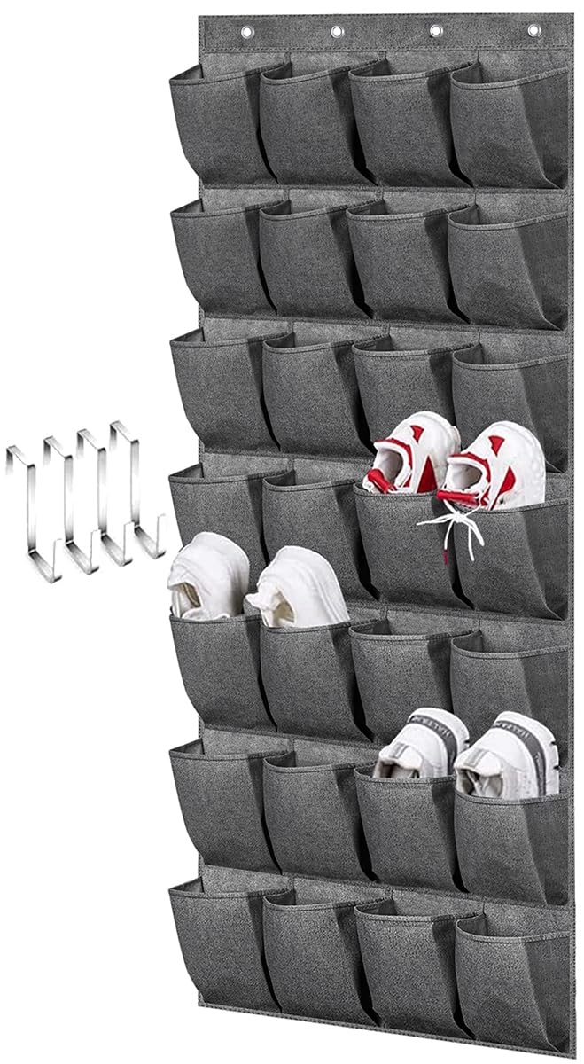 MISSLO OverDoor Shoe Storage Organiser 28 Pockets Hanging Shoe Rack Back of Door Organizer with 2 Size Hooks for Men Women Kids Shoes Holder Hanger (Grey)