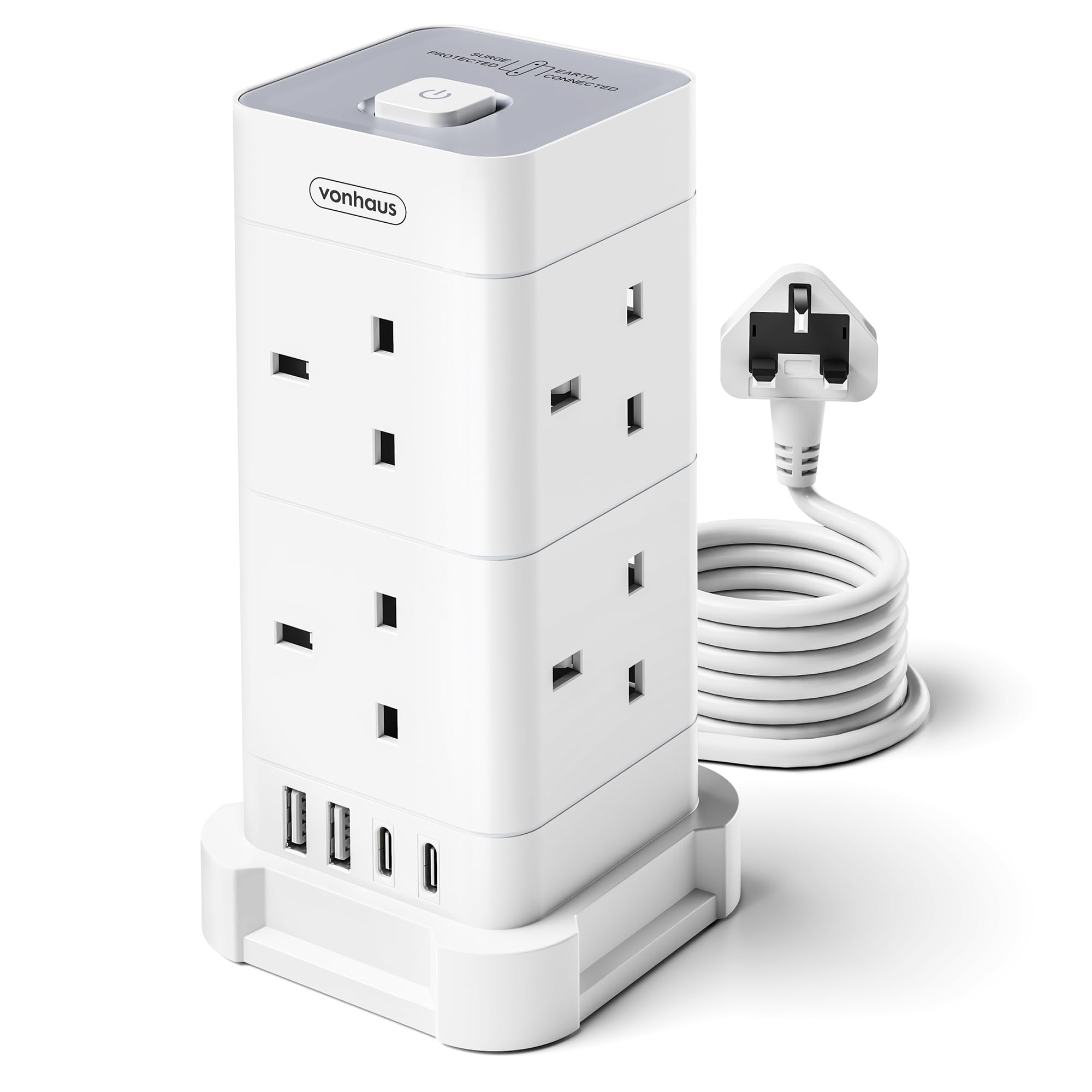 VonHaus Tower Extension Lead (3250W 13A), Surge Protection Extension Socket with 8 AC Outlets, 2 USB Ports & 2 USB-C Ports for Faster Charging, 2M Plug Lead w/Switch for Office, Home, Kitchen