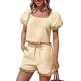 Tankaneo Womens 2 Piece Short Sets Summer Puff Sleeve Square Neck Babydoll Tops Cute Lounge Set Cotton Vacation Outfits