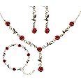 Red Rose Jewelry Set Exquisite Rose Flower Pendant Necklace, Bracelet Dangle Earrings Jewelry Sets for Women Wedding
