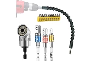 GALLIA Flexible Drill Extension Hex Shank Drill Nut Driver Bit Set, 1pcs Bendable Drill Bit Extension, 105° Right Angle Drill Extension, 3pcs 1/4 3/8 1/2" Universal Socket Adapter Set, Screwdriver Bit Set
