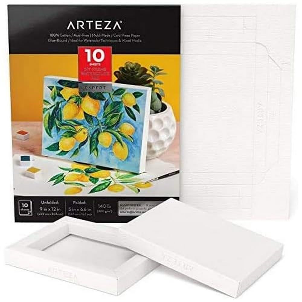 Arteza Watercolour Paper Pad, Foldable Canvas Artist Paper, 12.7 x 16.7 cm, 10 Sheets, Heavyweight, 140 lb, 300 GSM, Acid-Free, 100% Cotton Pulp DIY Frames for Painting & Mixed Media Art — image 1
