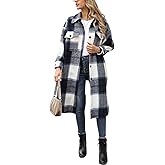 Kwoki Women's Long Plaid Shirt Jacket Casual Loose Fit Button Down Lapel Wool Blend Trench Coat Shackets