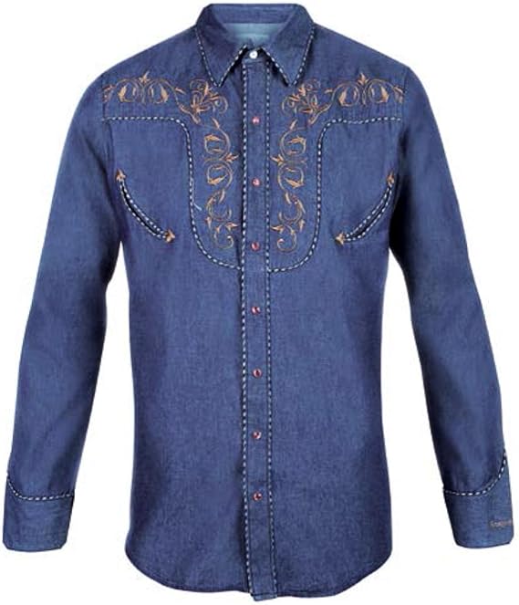Modestone Men's Embroidered Fitted Western Shirt Filigree Blue Denim S at Amazon Men’s Clothing