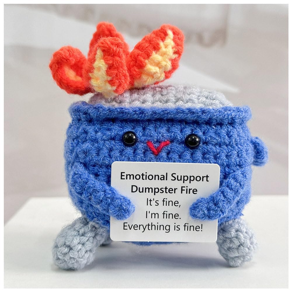 Emotional Support Crochet Dumpster Fire with Positive Card Cute Room Decor Knitted Toys Funny Crochet Support Buddies Gifts for Friends (Dark Blue)