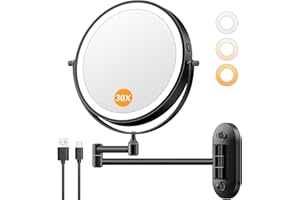 Auxmir Rechargeable Wall Mounted Makeup Mirror, 8" Double Sided 1X/30X Magnifying Bathroom Mirror, Lighted Vanity Mirror with