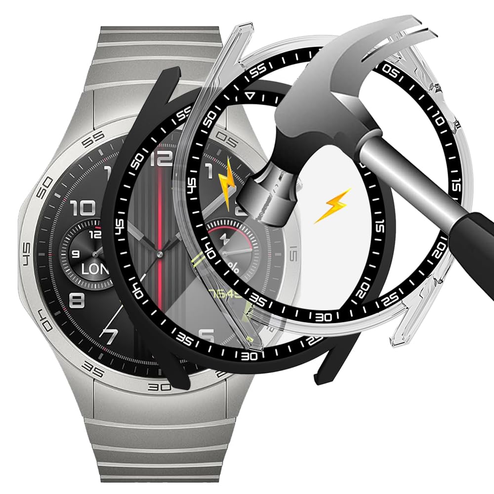 Akancy [Pack of 2] Hard Case Compatible with Huawei Watch GT4 46 mm, 9H Hardness Tempered Glass Screen Protector, Transparent Black — image 1