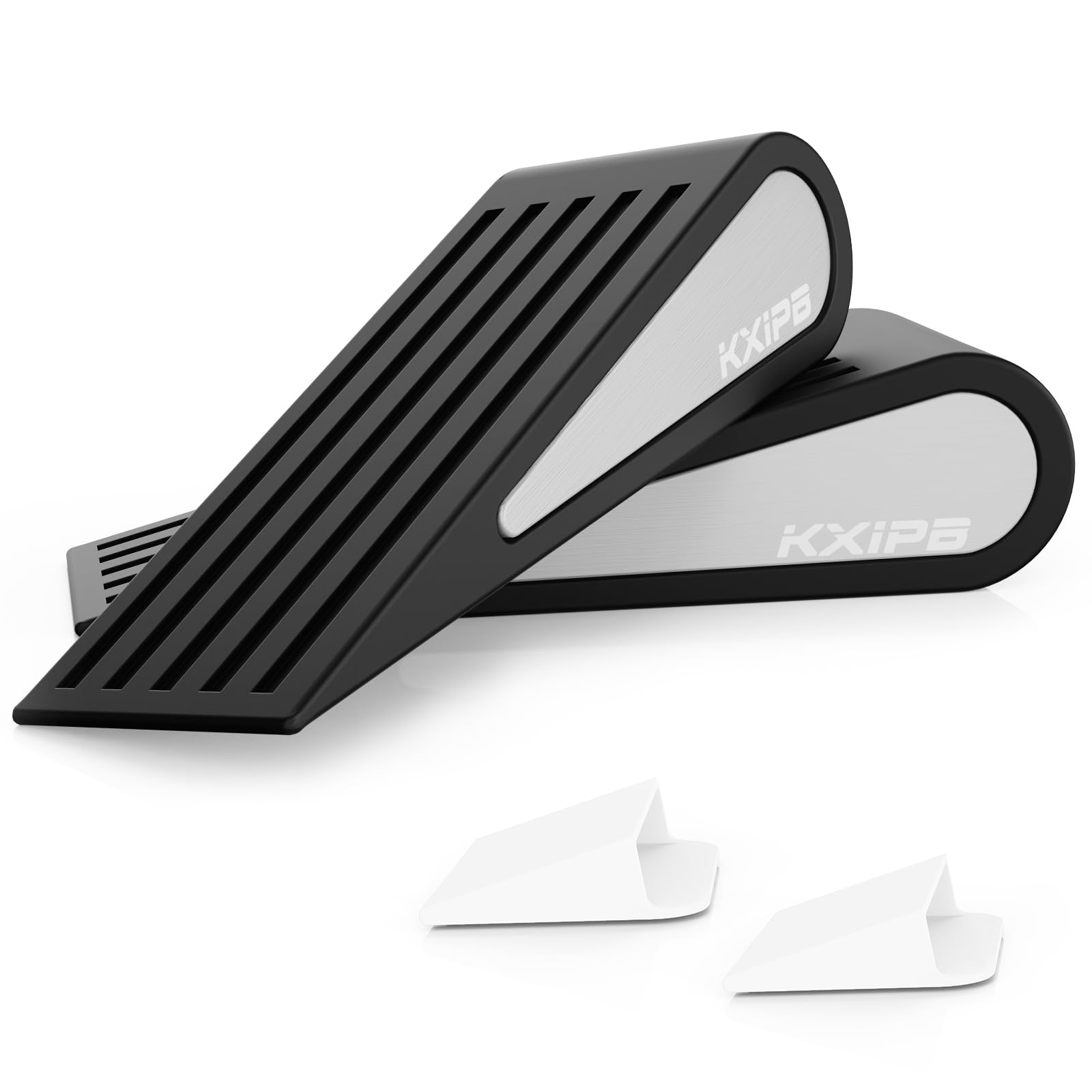 Photo 1 of 2 Pack Rubber Door Stopper Wedge - Black Non-Slip Soft TPR High-Elastic & Zinc Alloy Metal Material Door Stops for Bottom of Heavy Duty Door Wall Protector for Home & School with Self Adhesive Holder