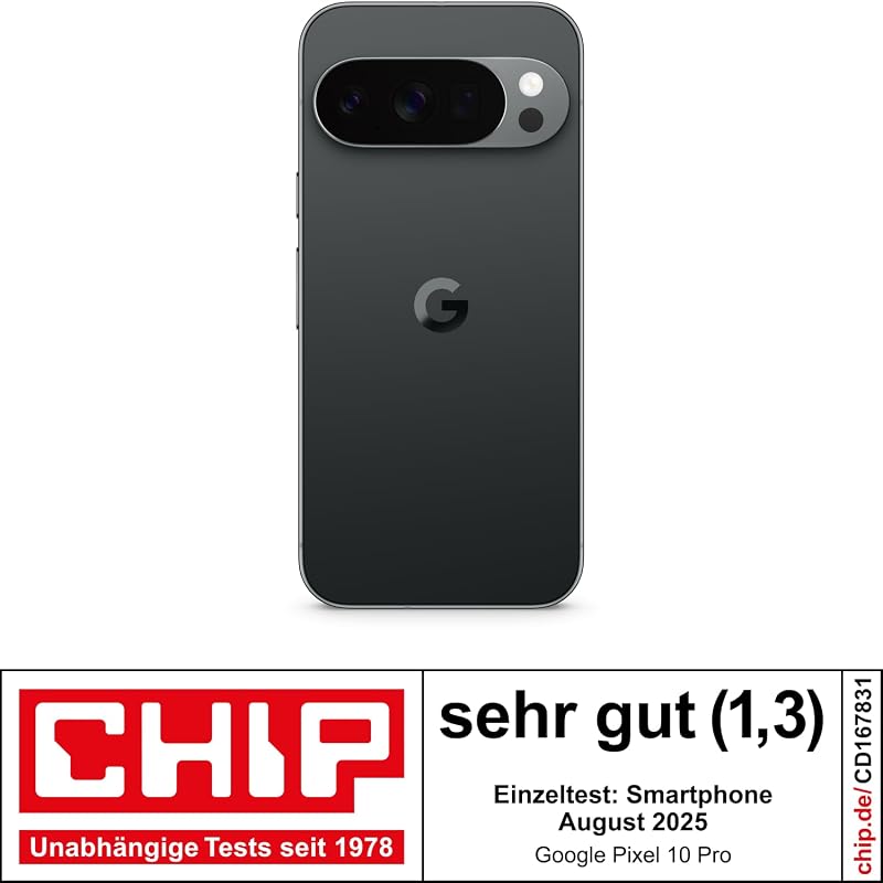 Pixel 10 Pro – Android-Smartphone ohne SIM-Lock, mit Gemini, Dreifach-Rückkamerasystem, mehr als 24 Stunden Akkulaufzeit und 6,3 Zoll großem Super Actua-Display – Obsidian, 128GB