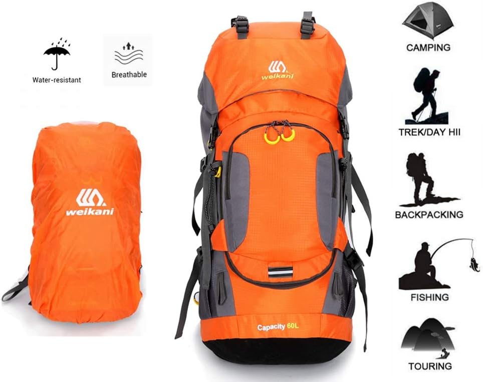 COUTUDI Backpack Hiking Travel Rucksack Trekking for Girs Women Men, Waterproof Nylon Daypack with Rain Cover 50L