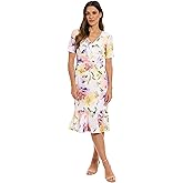 London Times Women's Trumpet Silhouette V-Neck Short Sleeve Midi-Elegant Special Occasion Wedding Guest Dress