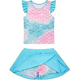 Girls Swimsuit 2 Piece Ruffle Bathing Suit UPF 50+ Tankini Swimsuit Skirt with Lining Size 3-10