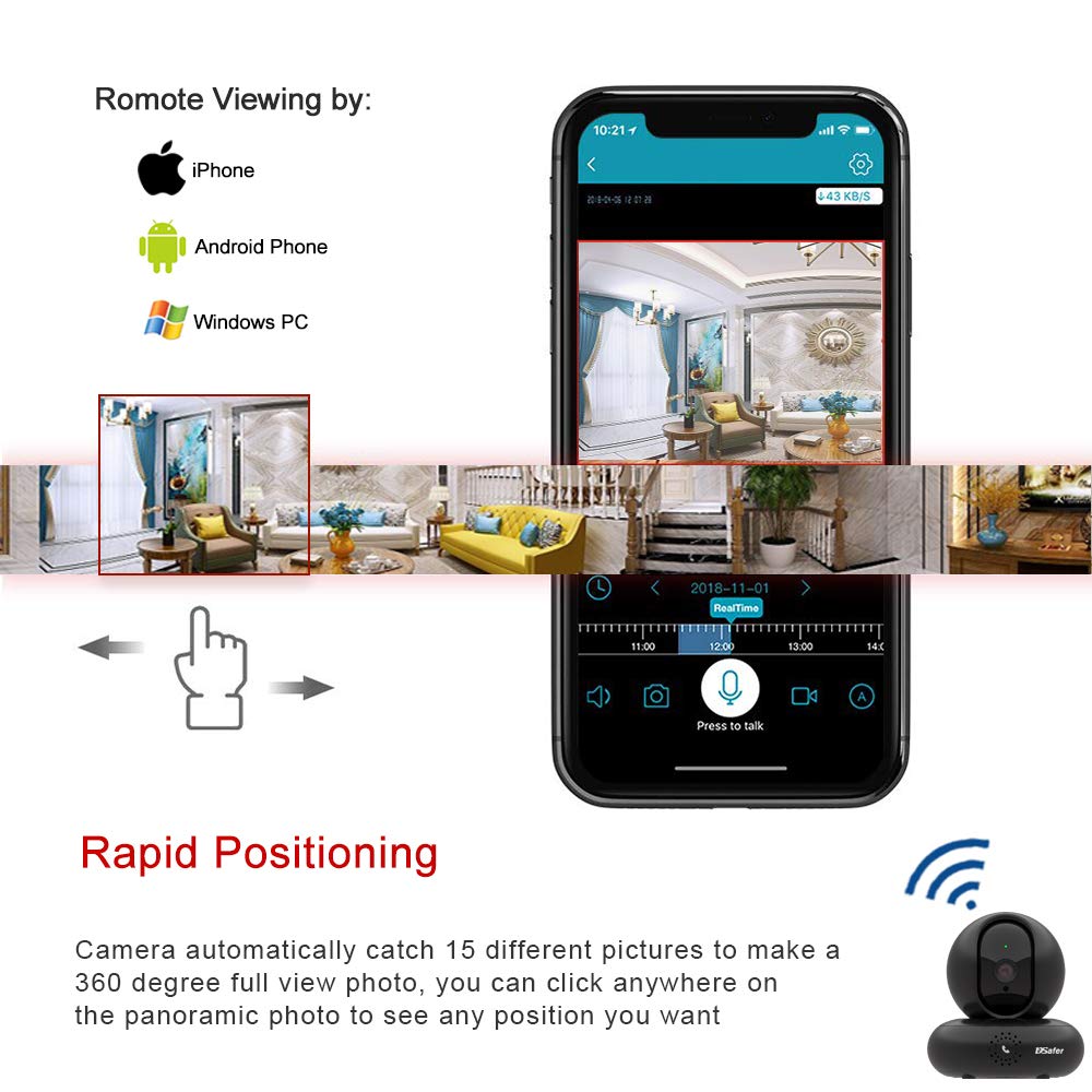 Indoor WiFi Camera, 360 Wireless Security Camera with Active Calling, 2.4ghz 1080P Night Vision WiFi IP Dome Cameras with 2 Way Audio for Home Security, Remote Surveillance Monitor for pet Dogs Black