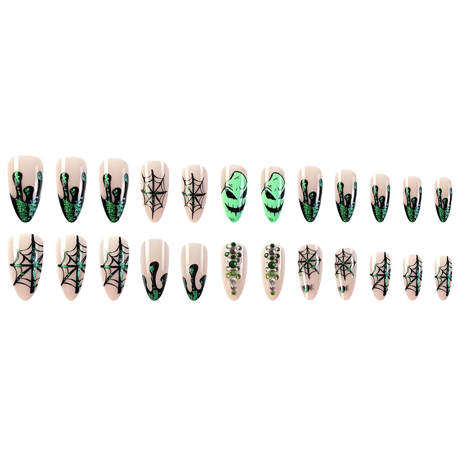 Halloween Press on Nails Medium Almond Fake Nails Nude Full Cover Green Spider Web Nightmare Christmas Nails Rhinestones False Nails with Designs Acrylic Artificial Nails for Women Girls 24Pcs - Image 4